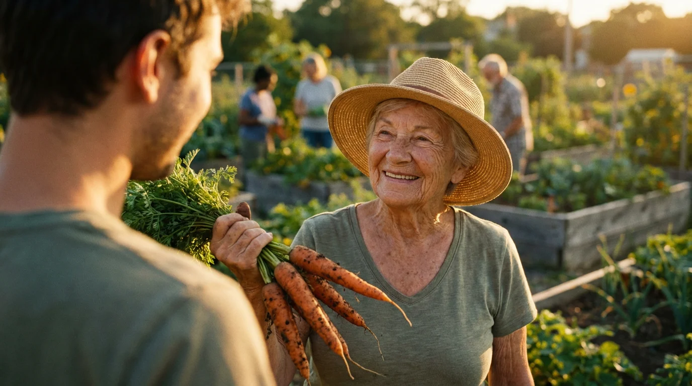 Senior woman showing freshly picked carrots to another person in a sunny community garden.