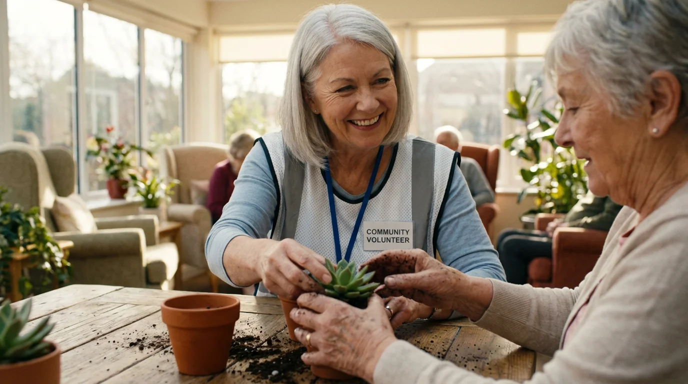 Senior woman volunteer helps another resident with indoor gardening in a bright, modern sunroom.