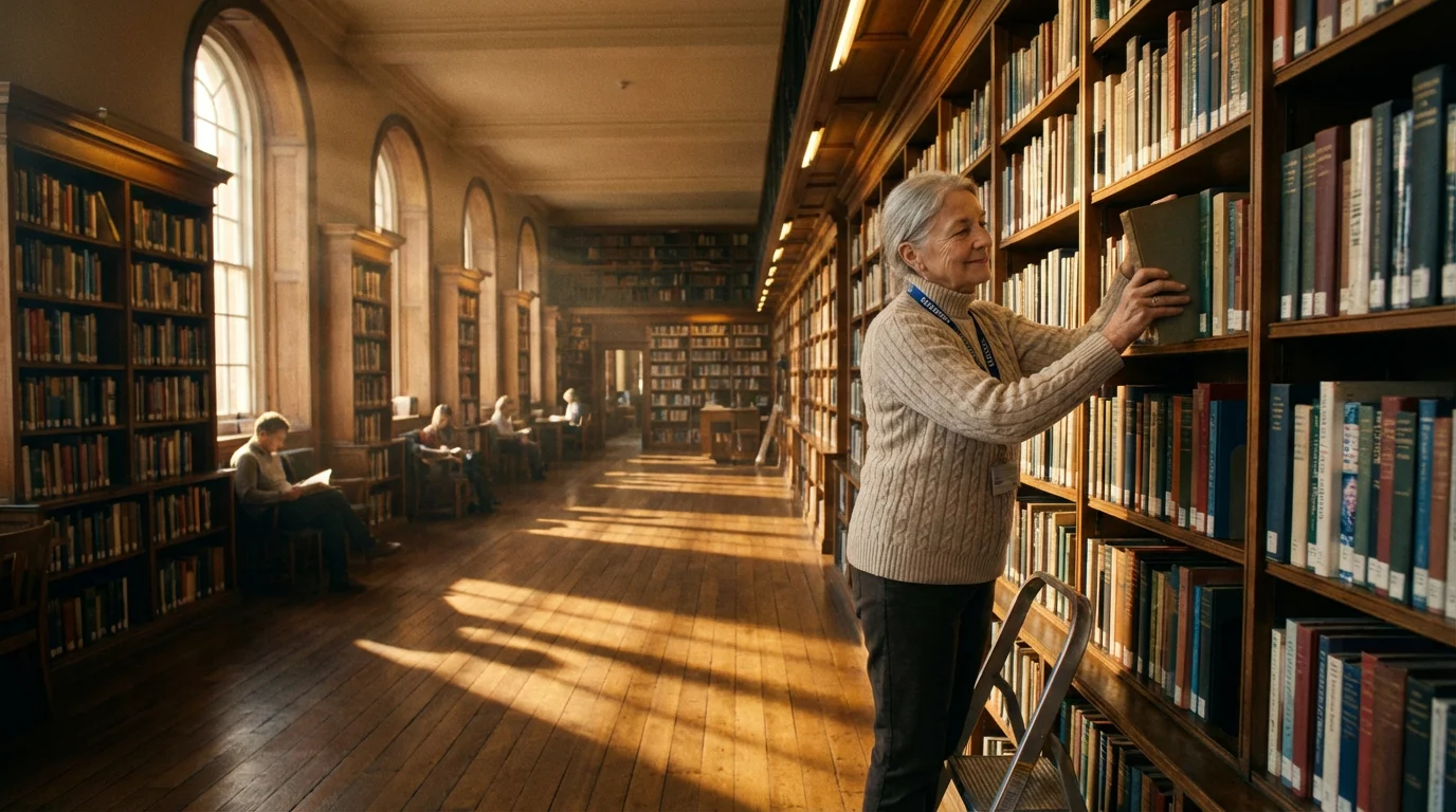 Senior woman volunteer organizing books in a quiet library during a sunny afternoon.