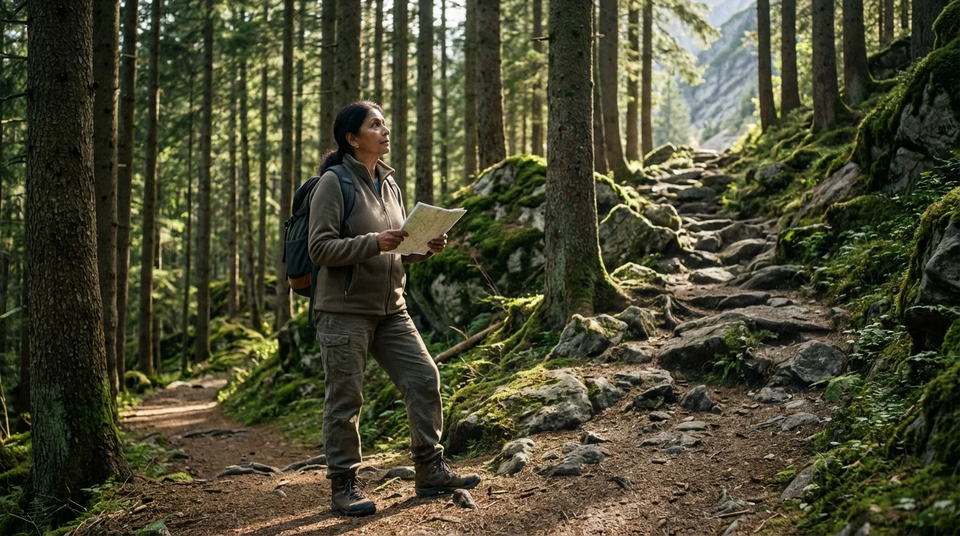 Senior woman with a map on a forest trail, contemplating her path ahead.
