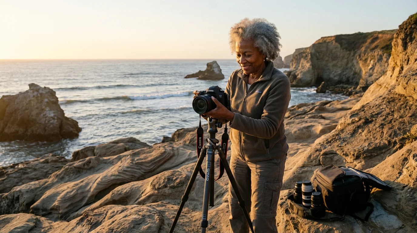 Senior woman with a tripod and camera taking landscape photos on a rocky coast.