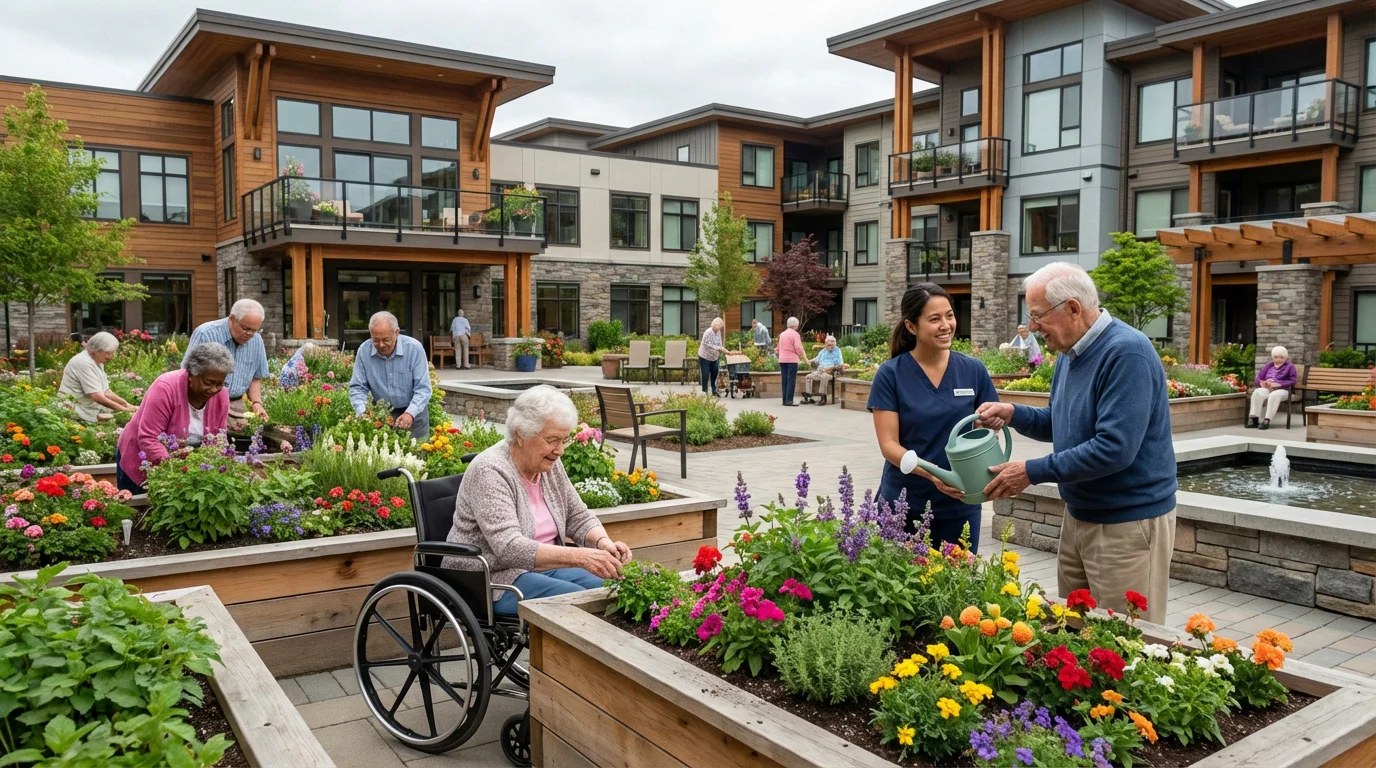 Seniors and staff enjoy gardening in the courtyard of a modern assisted living facility.