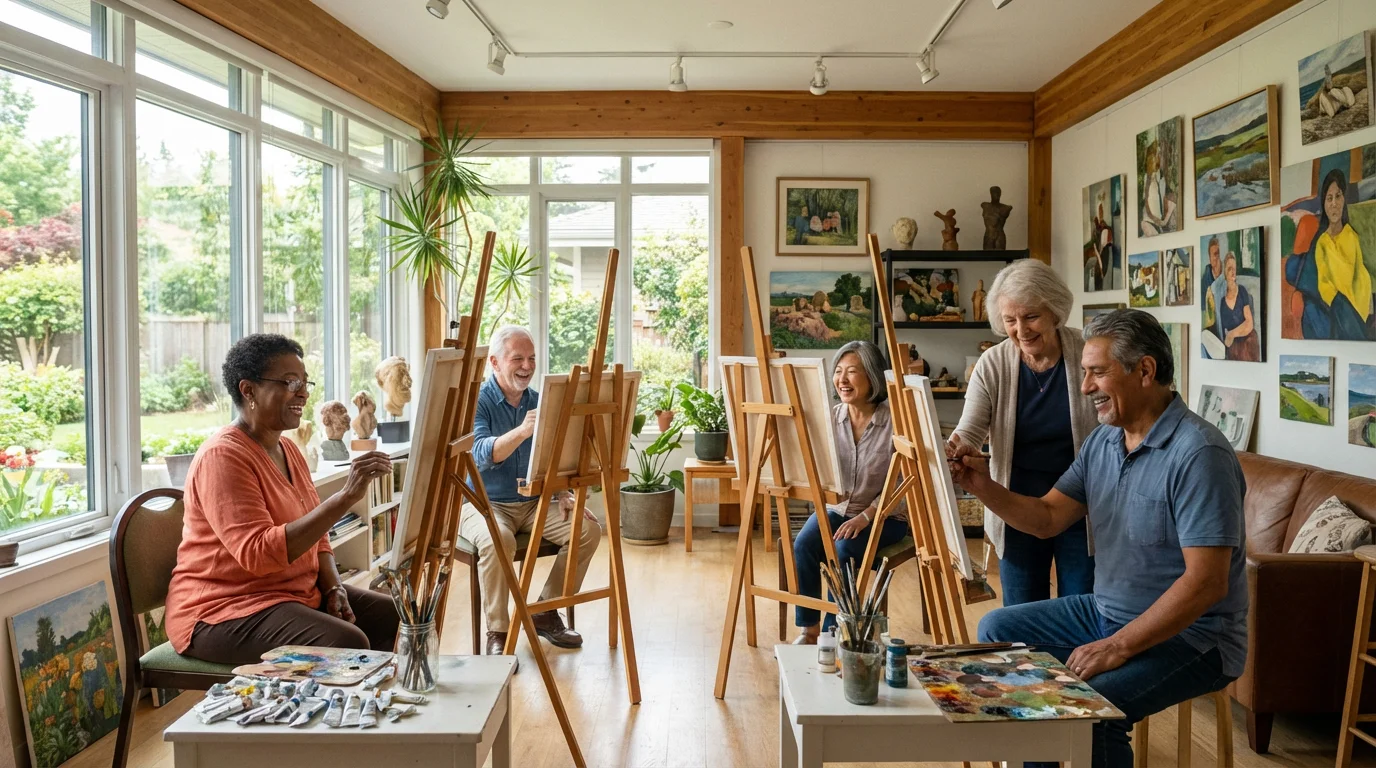 Seniors enjoying a painting class in a bright, modern art studio with large windows.