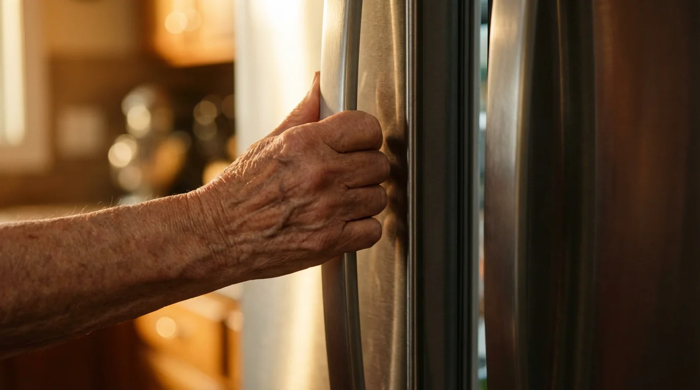 Senior's hand on the handle of a sleek, stainless steel French door refrigerator.