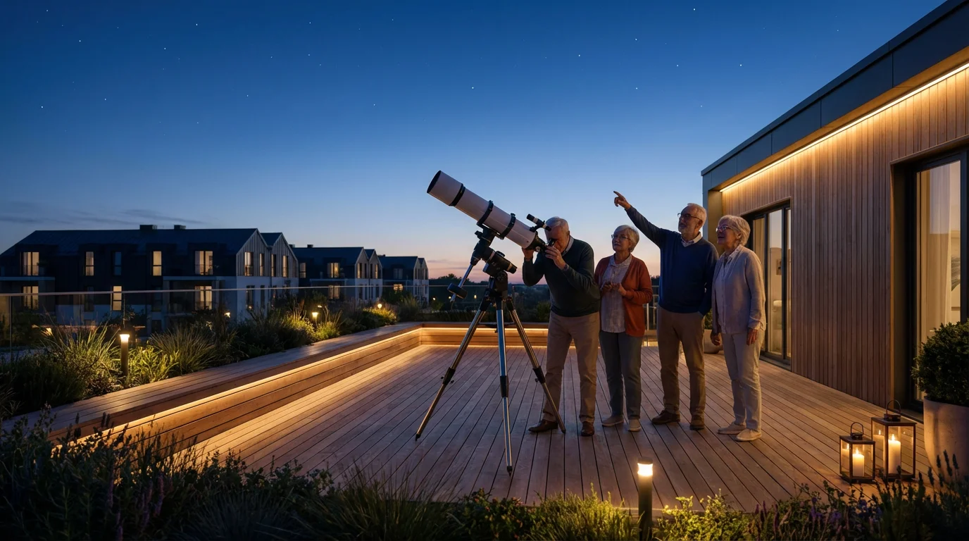 Seniors in an astronomy club on a rooftop deck at twilight looking at stars.