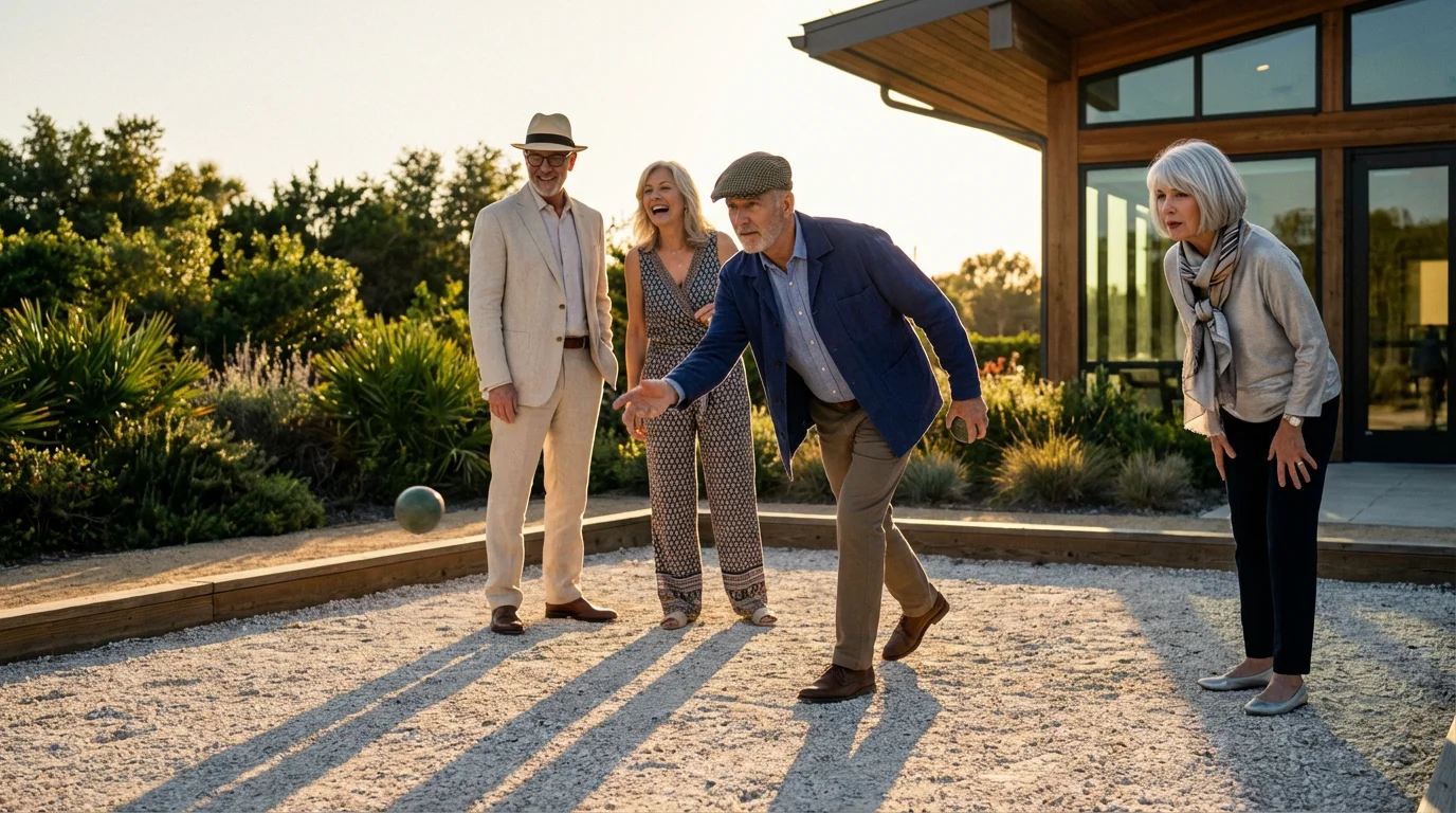 Seniors playing a game of bocce ball at a 55+ community in the afternoon.