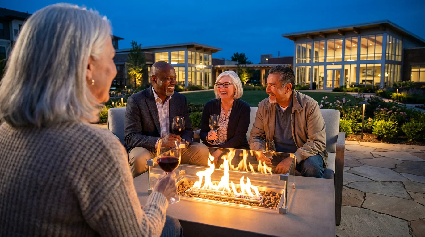 Seniors socializing by an outdoor fire pit at a retirement community during evening.