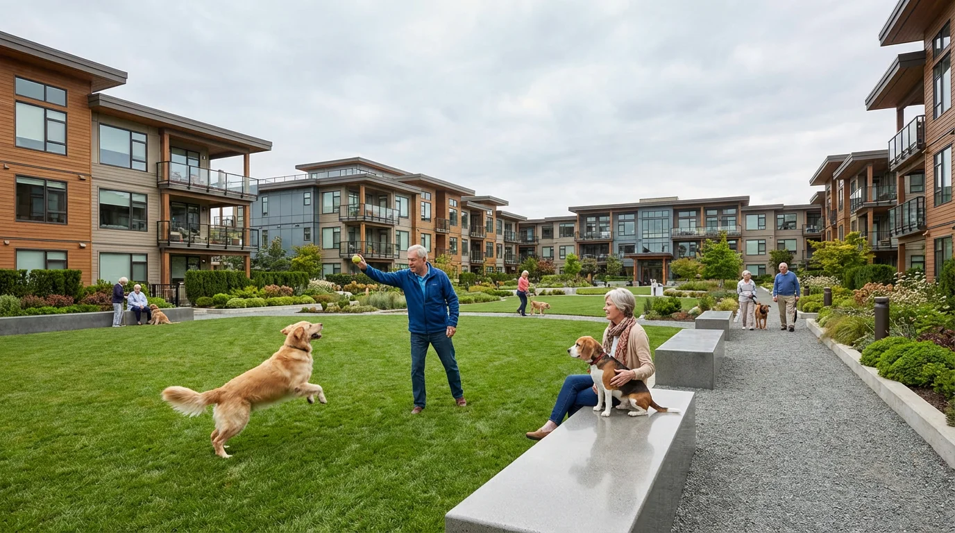 Seniors with their dogs enjoying a modern dog park at a retirement community.