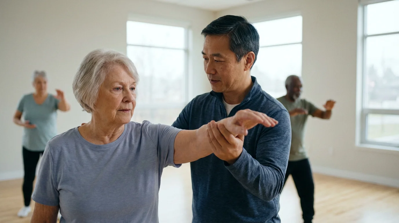 Tai Chi instructor guiding a senior woman's posture during a bright, welcoming class.