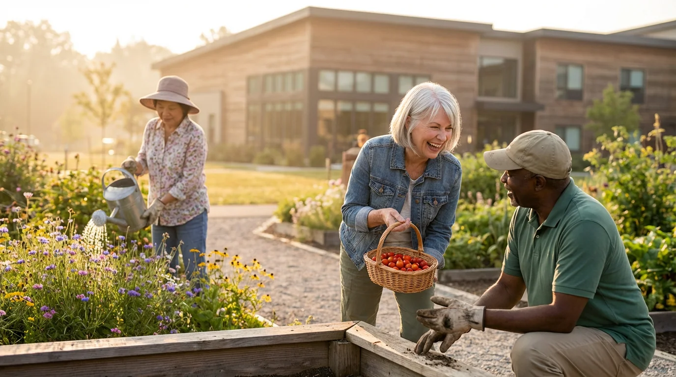 Three diverse, happy seniors gardening together in a sunny, modern independent living community garden.