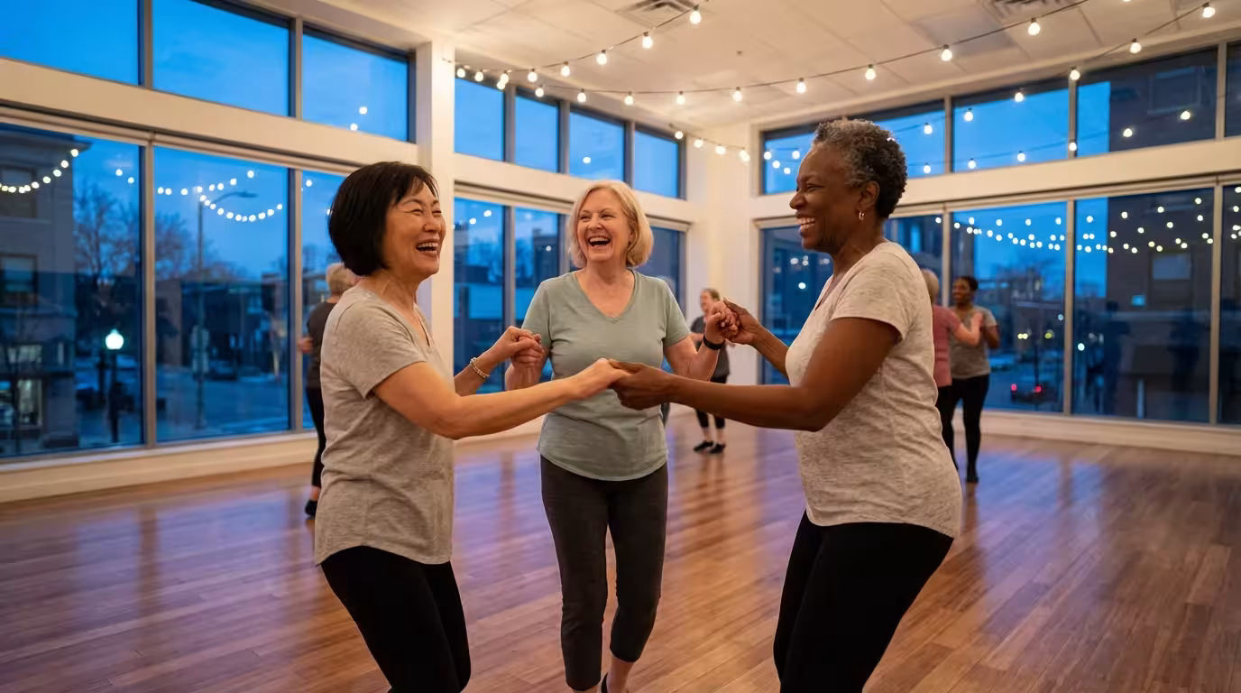 Three diverse senior women laughing and enjoying a dance class in a studio at dusk.