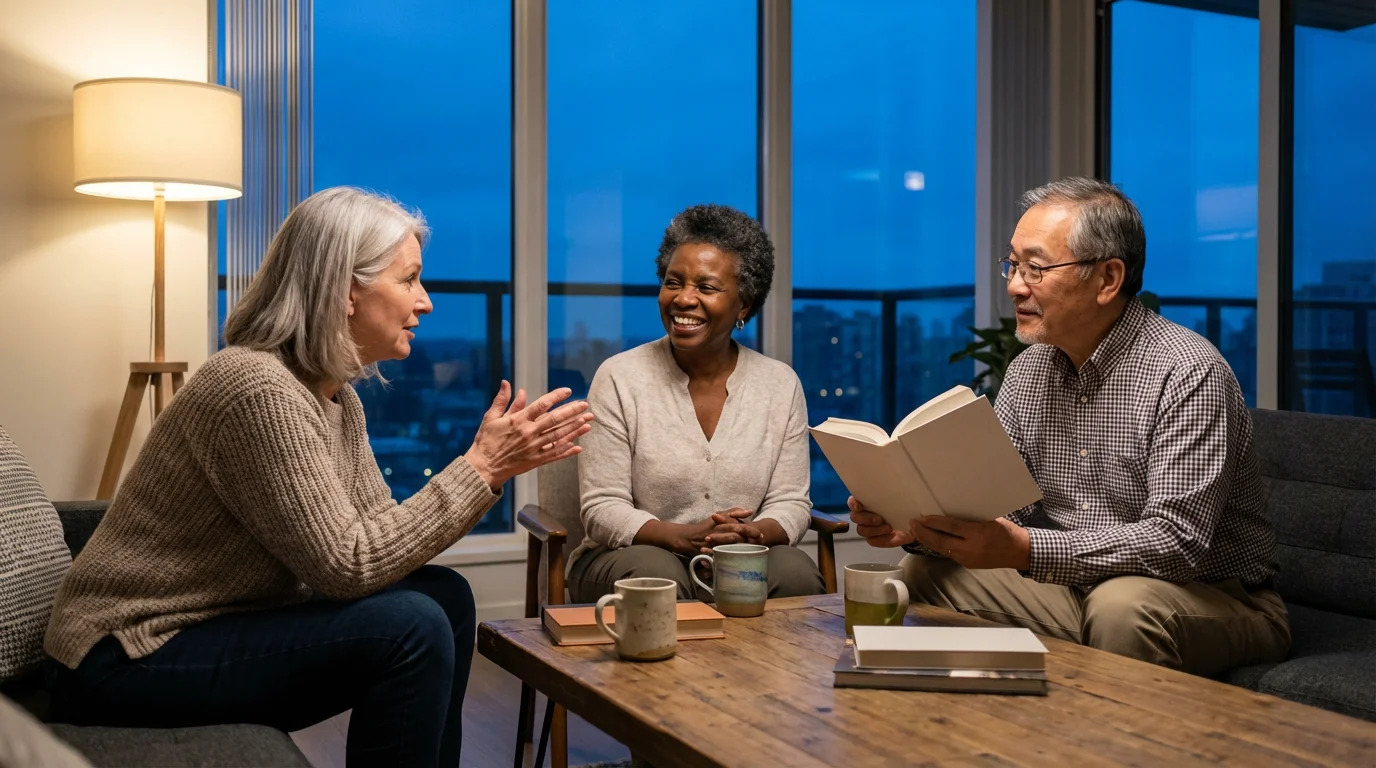 Three diverse seniors enjoy a book club discussion in a cozy living room at dusk.
