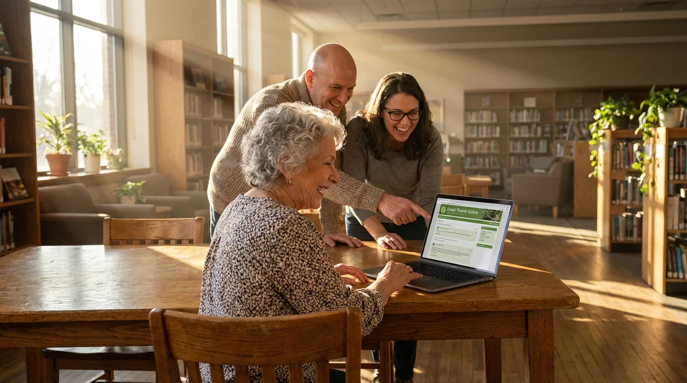 Three diverse seniors gathered around a laptop, engaging with an online interest group.