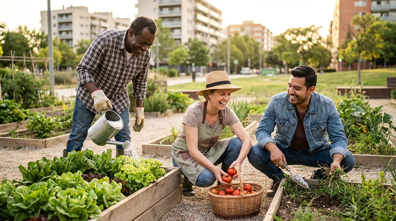 Three diverse seniors laugh while volunteering together in a sunny urban community garden.