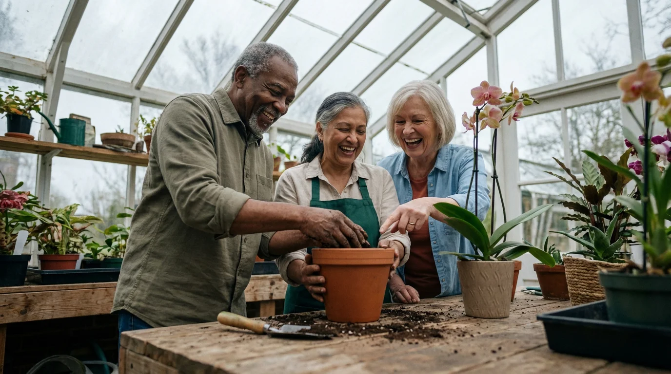 Three diverse seniors potting plants together in a bright, sun-filled community greenhouse.