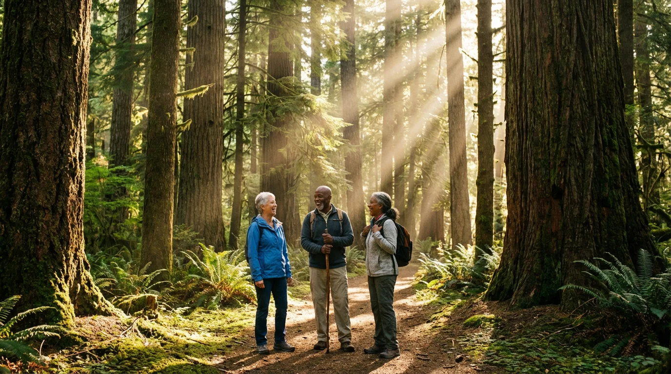 Three happy retirees hiking together on a beautiful forest trail in the morning light.