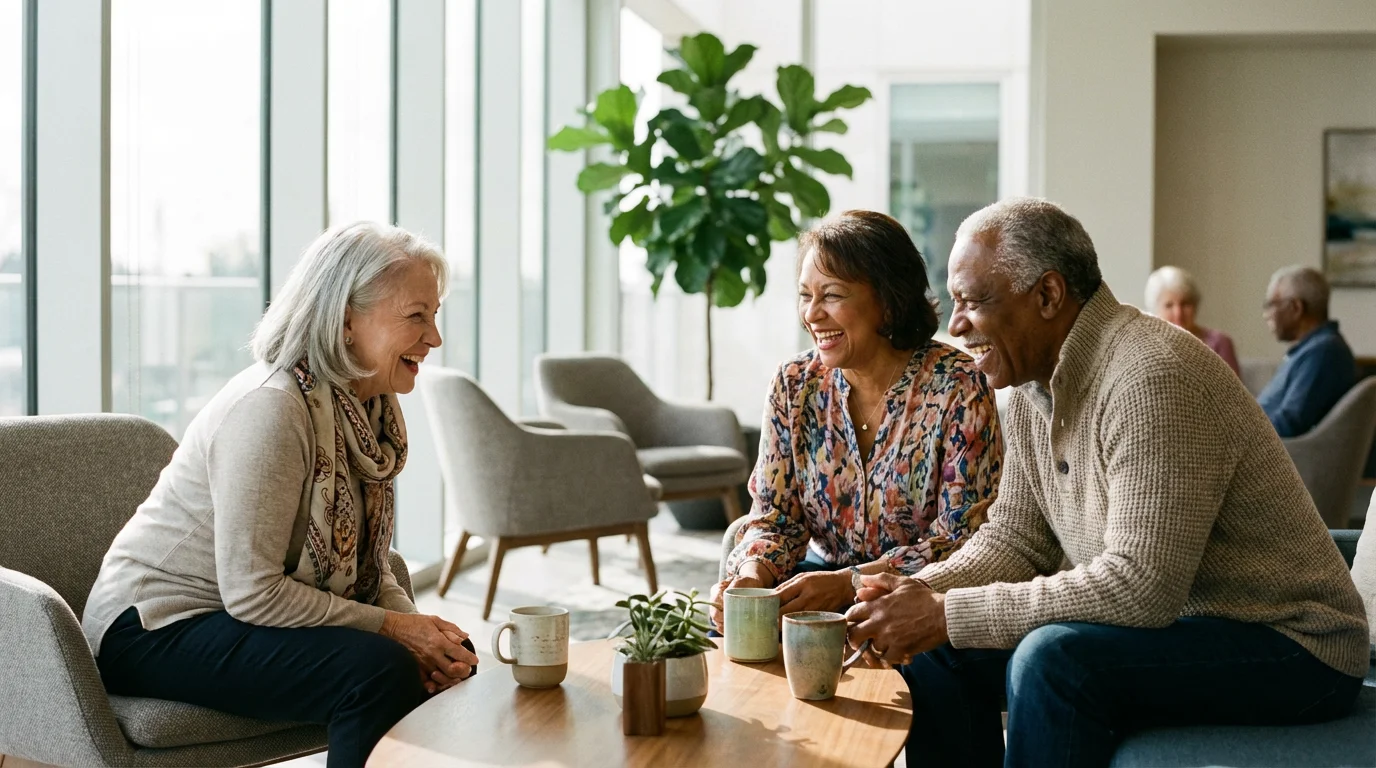 Three happy seniors talking and laughing over coffee in a bright community living room.