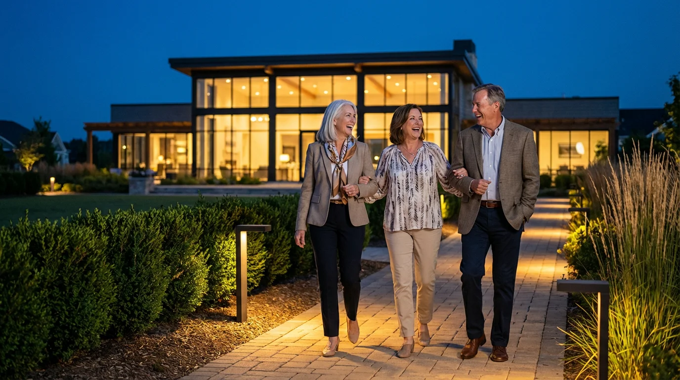 Three happy seniors walking on a path at an active adult community at dusk.