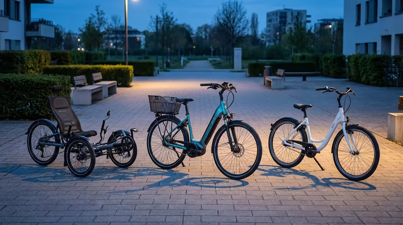 Three senior-friendly bicycles, including a step-through e-bike, parked in a park at twilight.