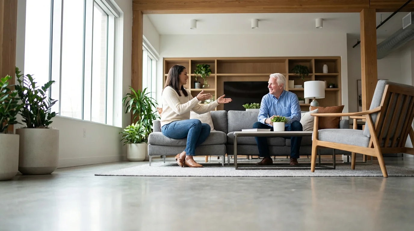 Two diverse neighbors having a positive, respectful conversation in a modern apartment building lounge.