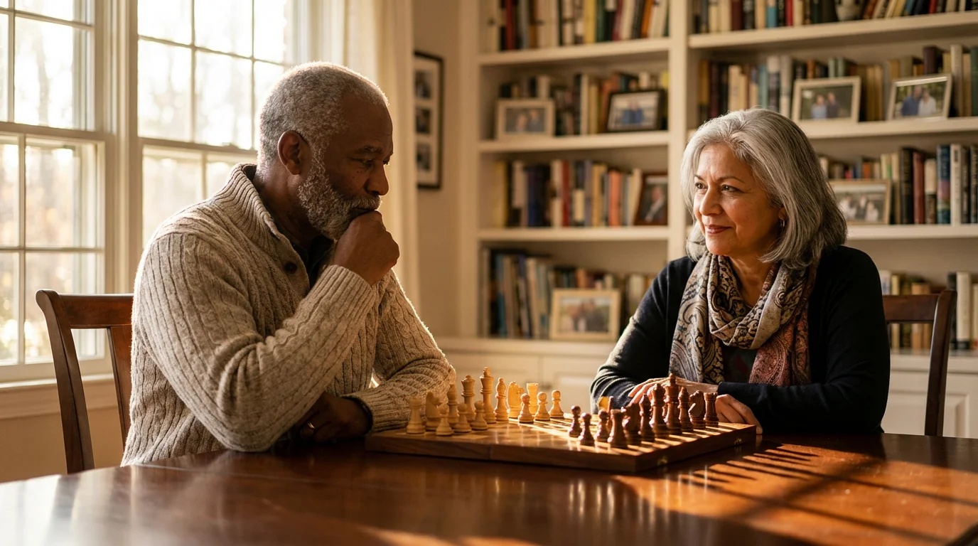 Two diverse seniors playing a focused game of chess in a sunlit, modern room.