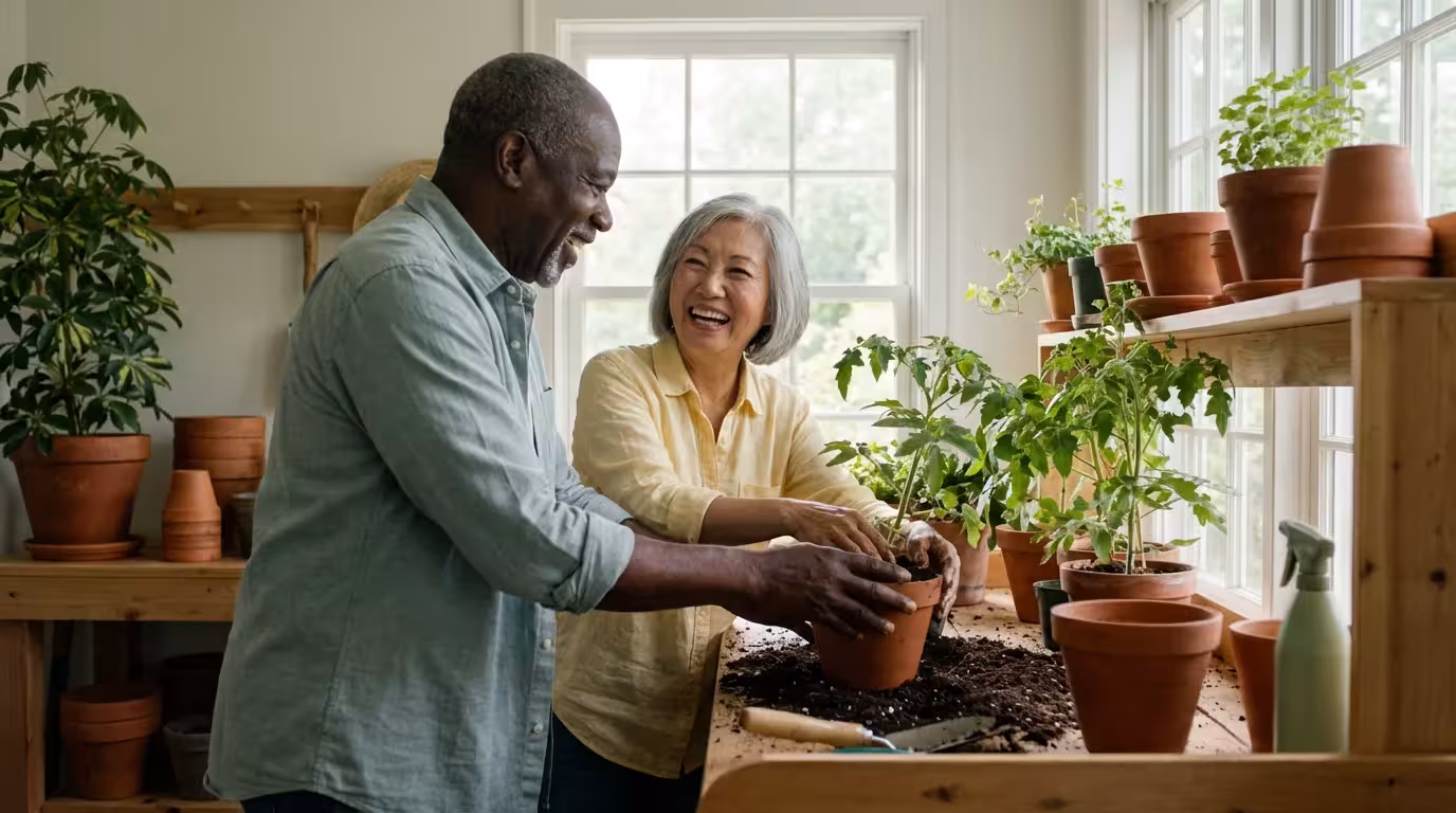 Two diverse seniors smile while repotting plants together in a bright, sunlit room.