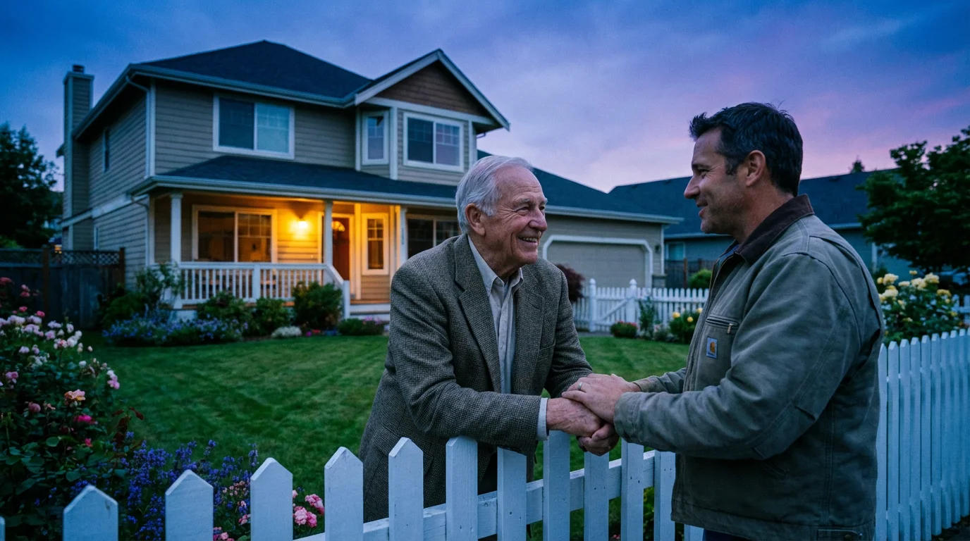 Two male neighbors, one senior, chat over a garden fence at twilight outside a large house.