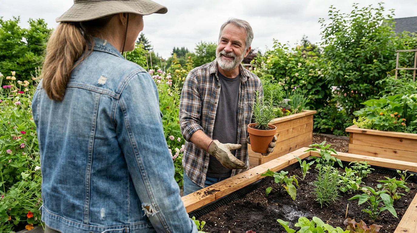 Two older adults connecting and smiling while planting herbs in a community garden.