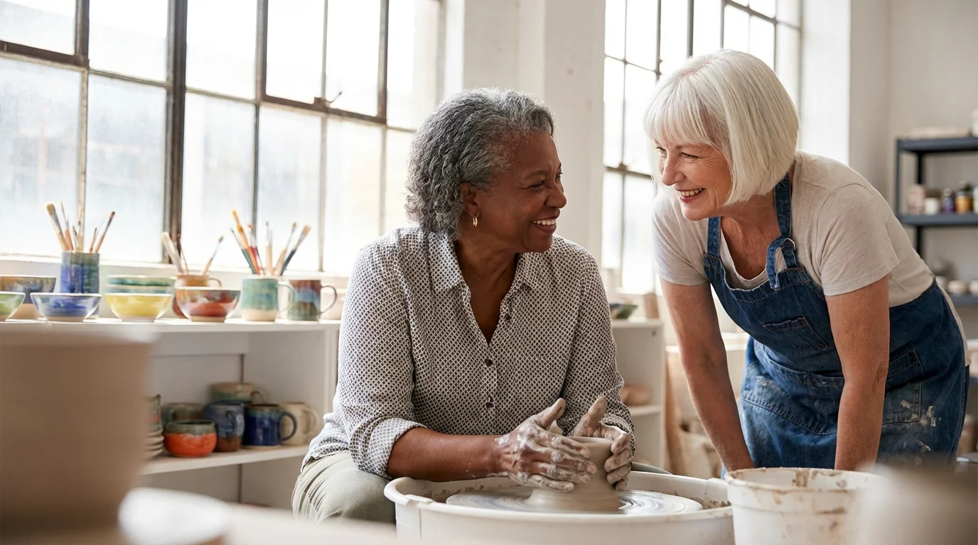 Two senior women in a bright art studio happily working with clay on a potter's wheel.