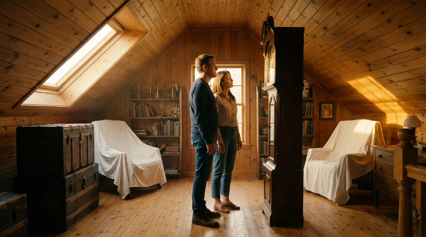 Two siblings thoughtfully consider an heirloom grandfather clock in a sunlit attic during downsizing.