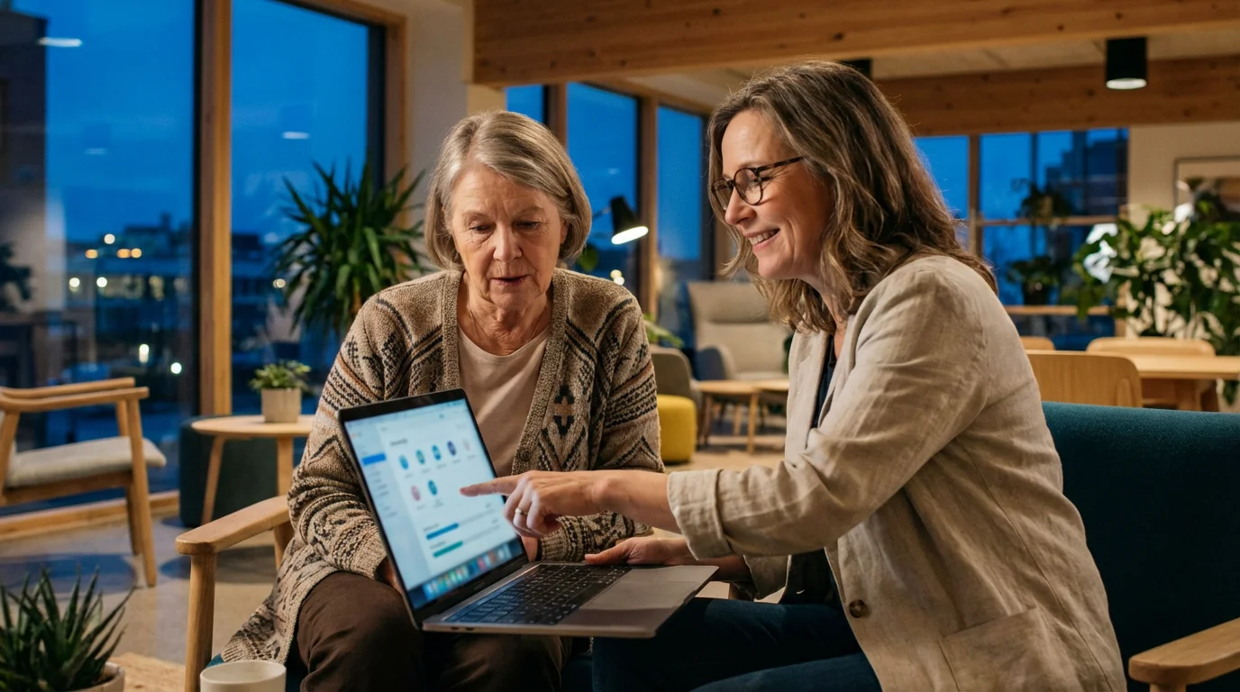 Two women learn together on a laptop in a modern community room at twilight.