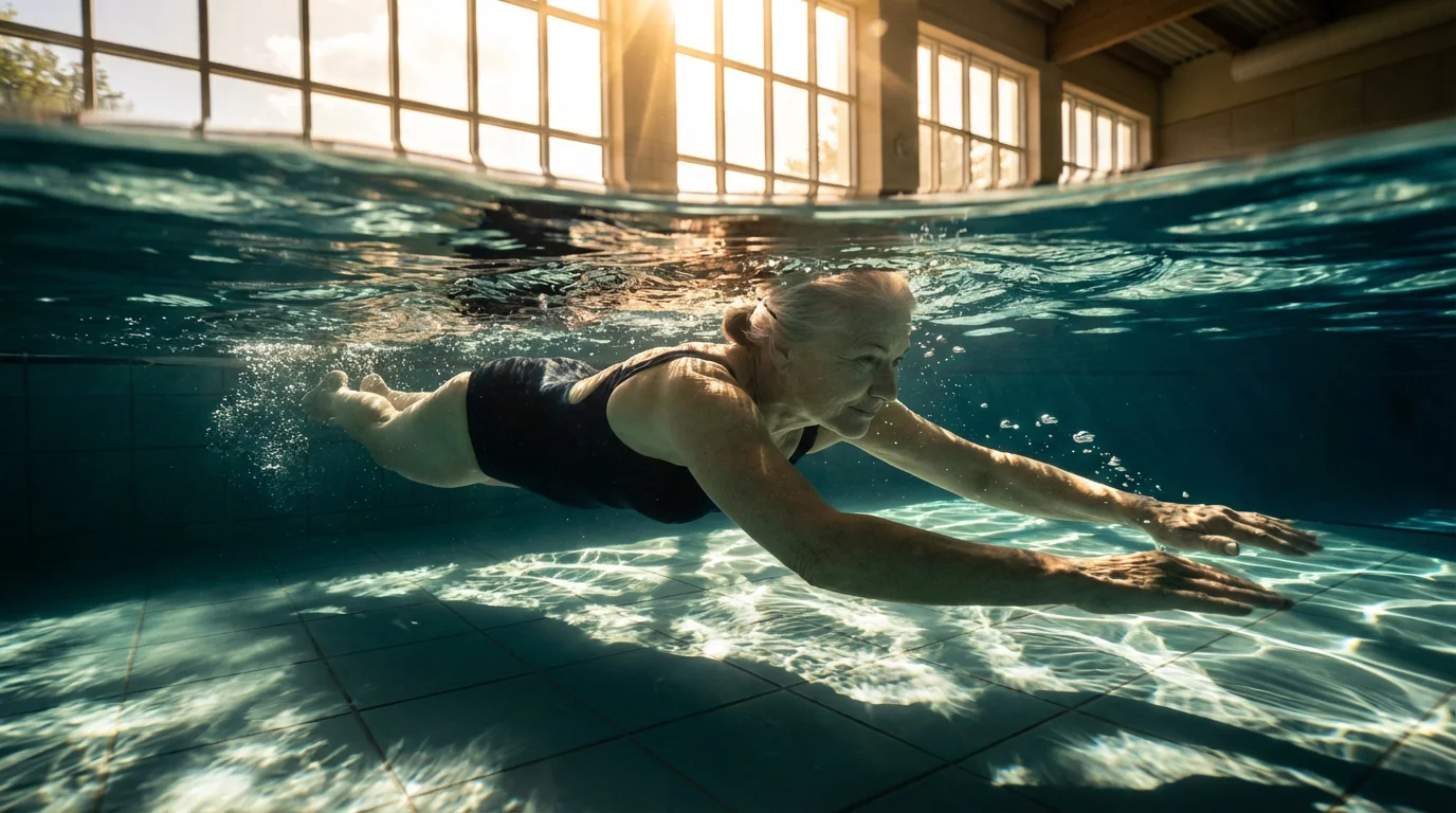 Underwater low angle view of a senior woman swimming gracefully in a sunlit indoor pool.