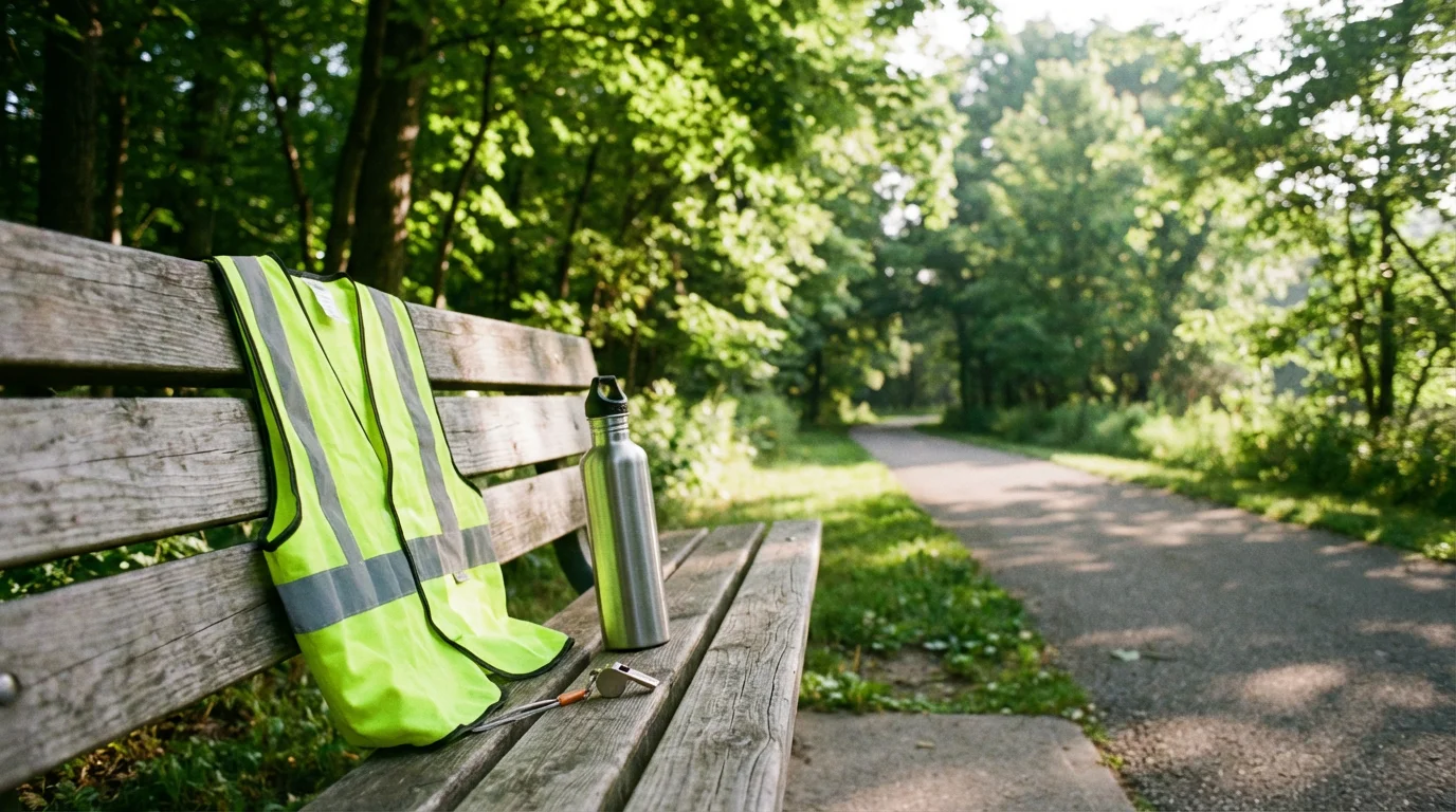 Walking safety gear including a reflective vest and water bottle on a park bench.