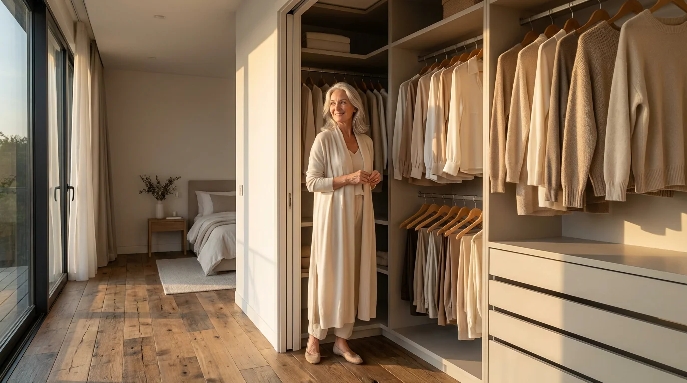 Woman admiring her newly organized, minimalist capsule wardrobe in a sunlit bedroom at golden hour.