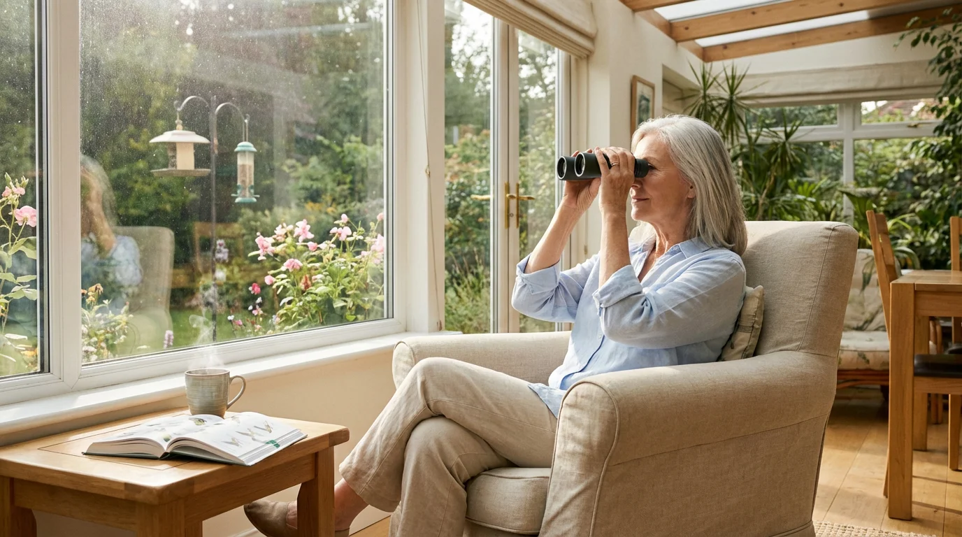 Woman in a sunroom enjoying birdwatching with binoculars and a guide book.