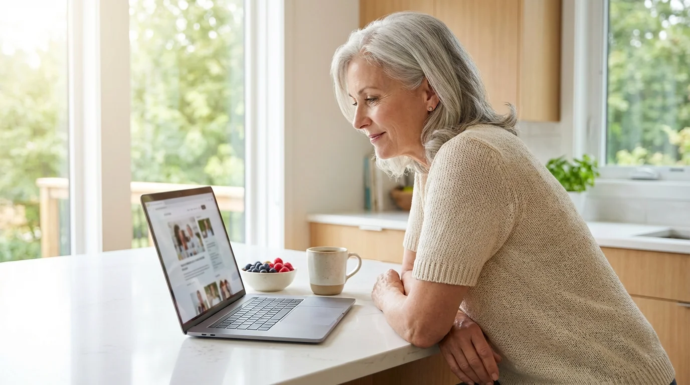 Woman in her 60s at a kitchen island researching communities online on her laptop.