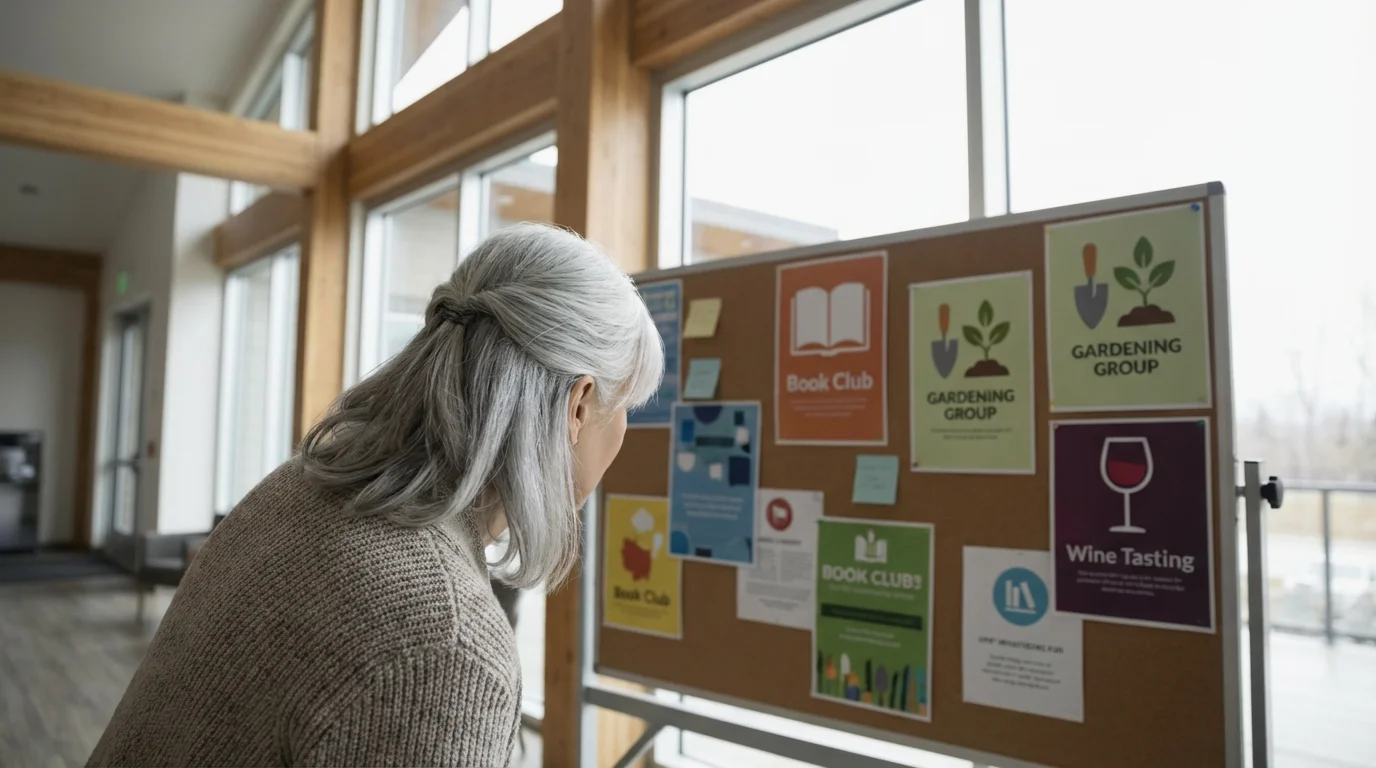 Woman in her 60s looking at a community events bulletin board in a clubhouse.