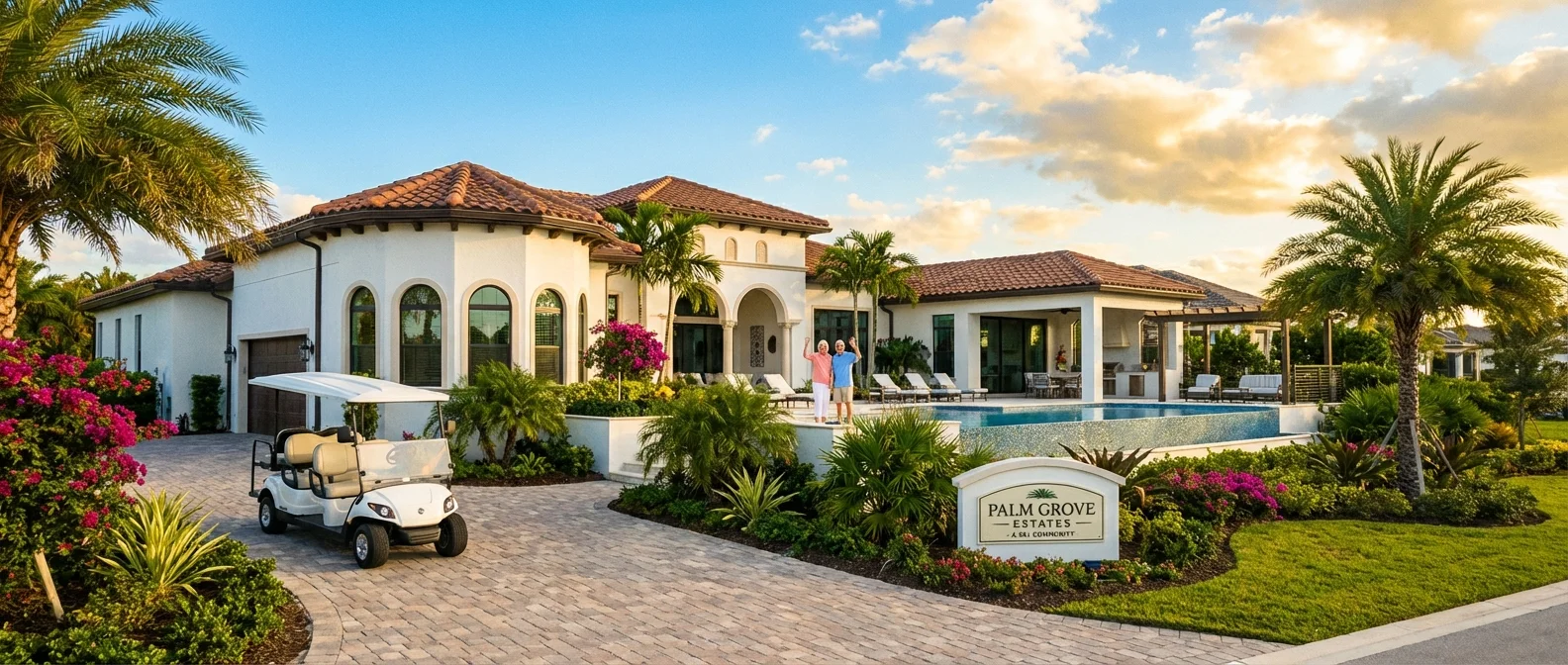A beautiful Florida villa with a golf cart in the driveway under a clear sky.