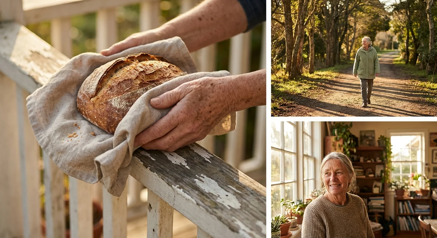 A close-up of hands sharing a fresh loaf of homemade bread over a wooden porch railing.