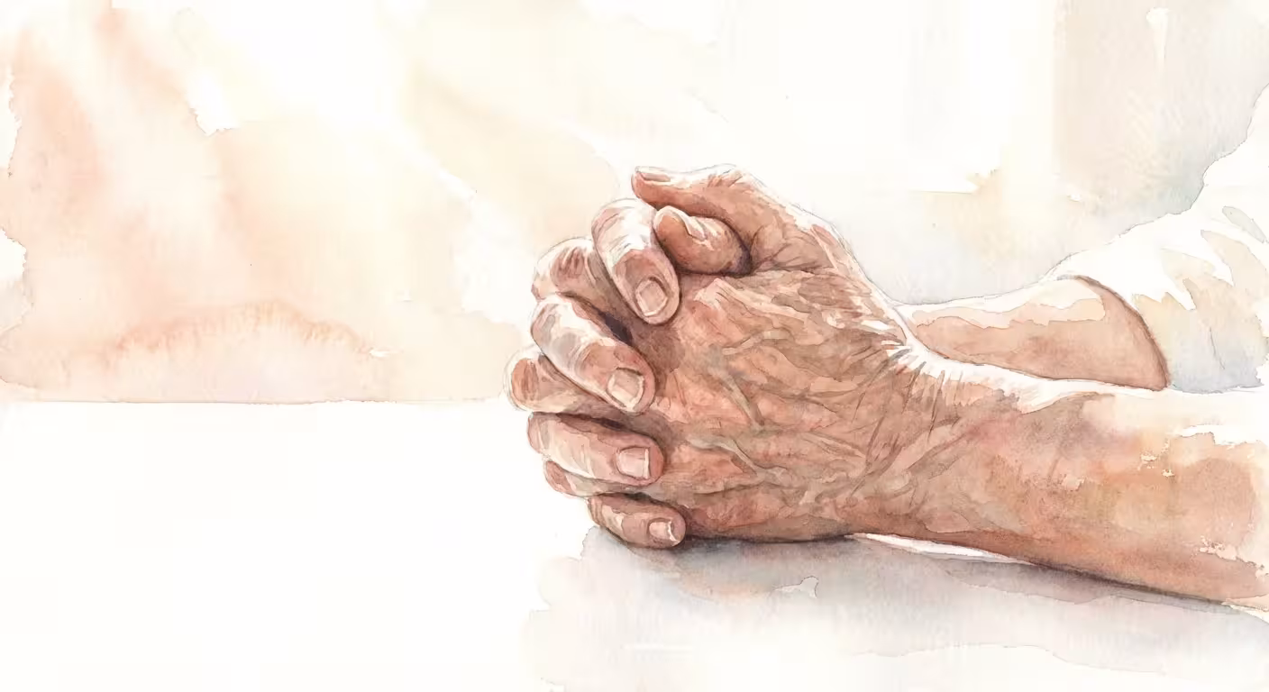 A close-up watercolor of two seniors holding hands on a table, symbolizing security and relief.
