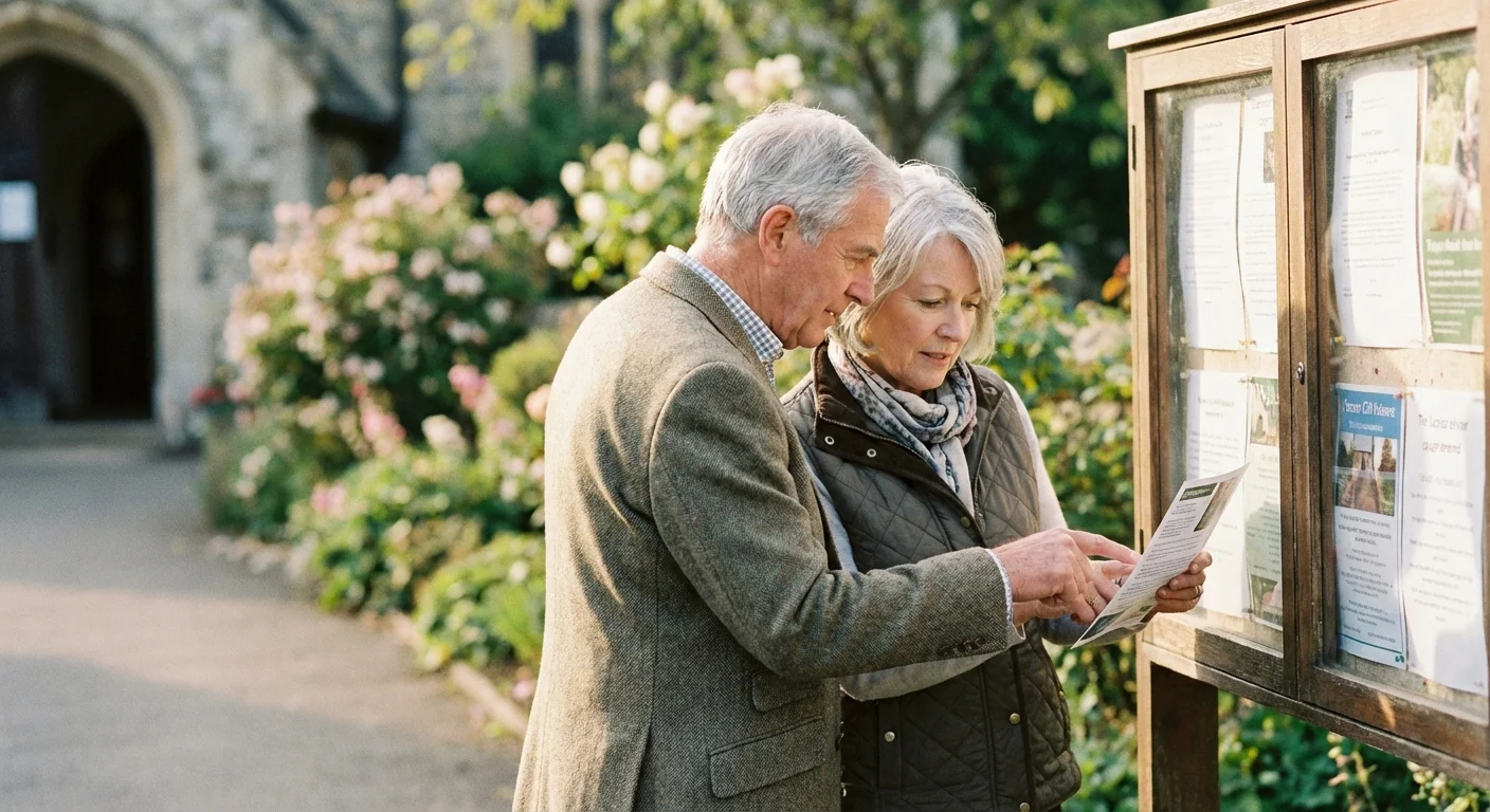 A couple looks at a community bulletin board in a manicured garden setting.
