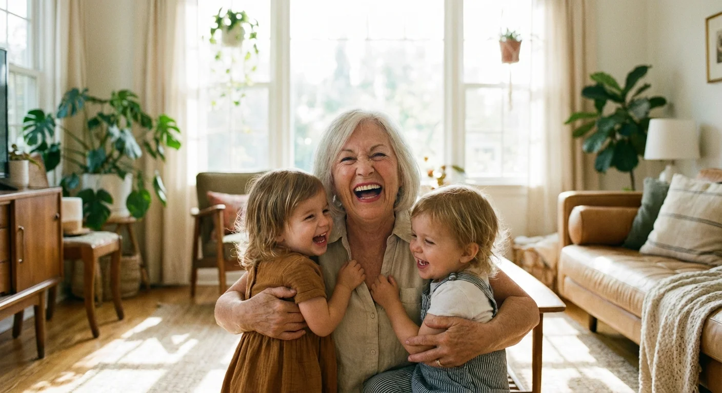 A grandmother sharing a happy, emotional hug with her two grandchildren.