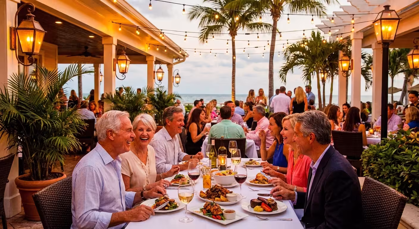 A group of seniors enjoying a social dinner on a beautiful outdoor restaurant patio at night.
