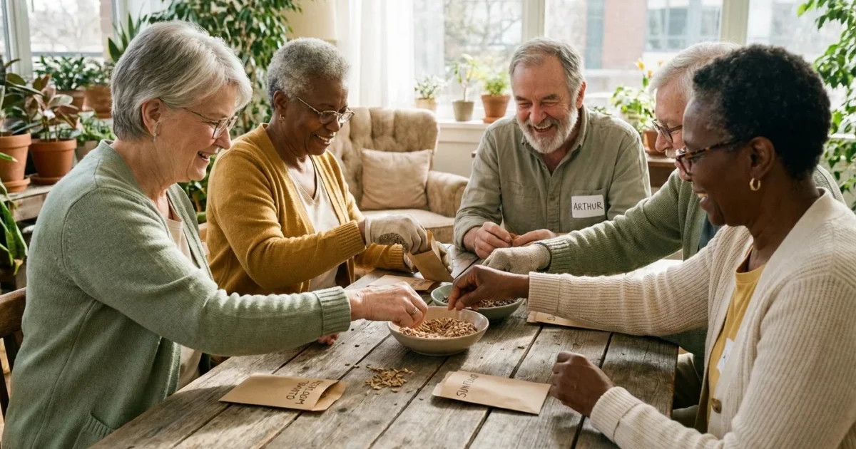 A group of seniors laughing and working together around a wooden table in a sunlit community room.