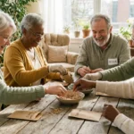 A group of seniors laughing and working together around a wooden table in a sunlit community room.