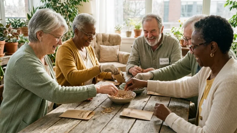 A group of seniors laughing and working together around a wooden table in a sunlit community room.