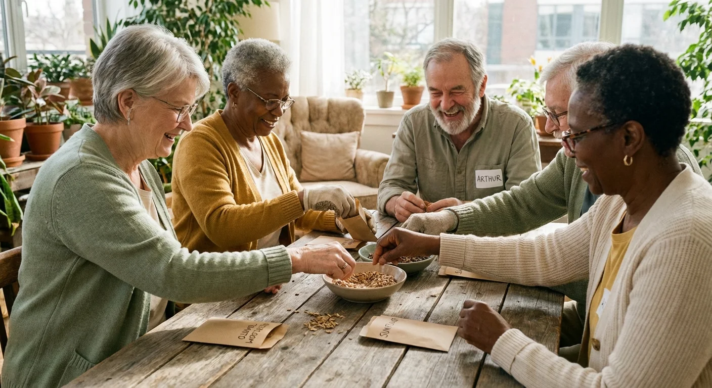 A group of seniors laughing and working together around a wooden table in a sunlit community room.