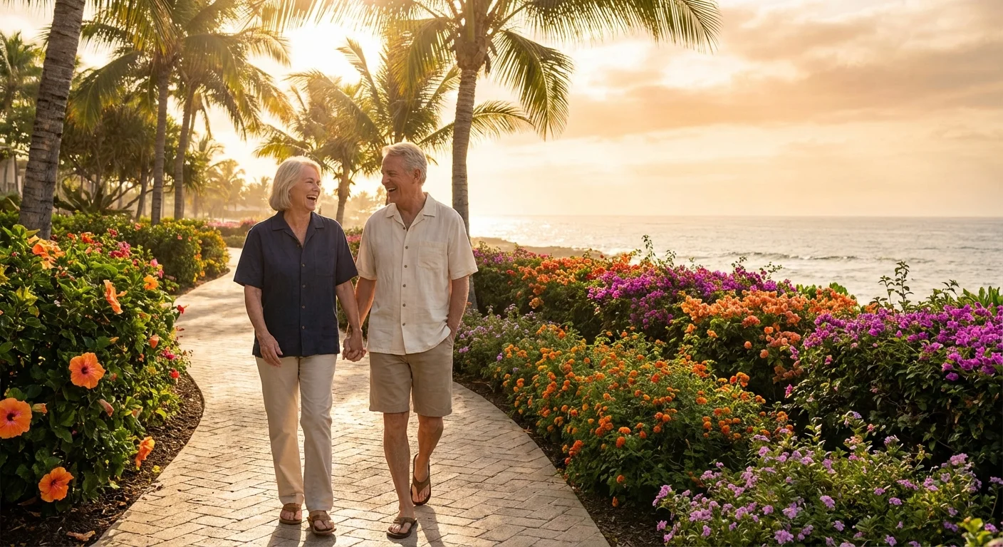 A happy senior couple walks through a lush, tropical community park.