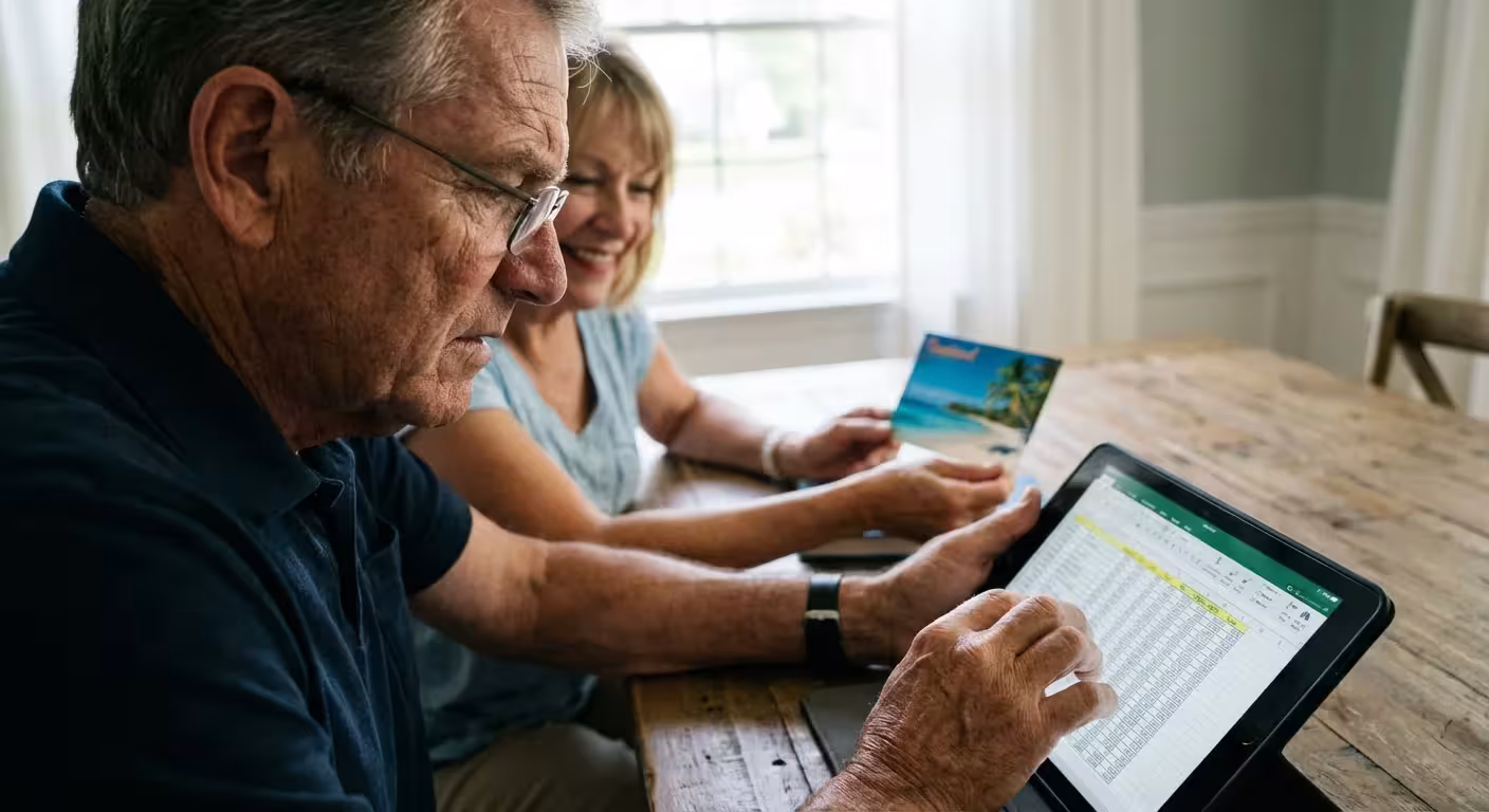 A man focusing on a digital spreadsheet while his wife holds up a vacation postcard with a smile.