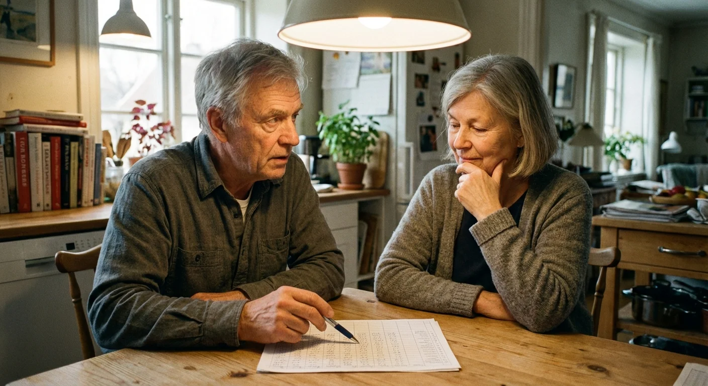 A senior couple discusses moving plans over coffee and spreadsheets.